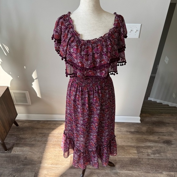 MISA Los Angeles Maribel Off Shoulder Floral Pattern Tiered Pom Pom Midi Dress - Picture 8 of 10